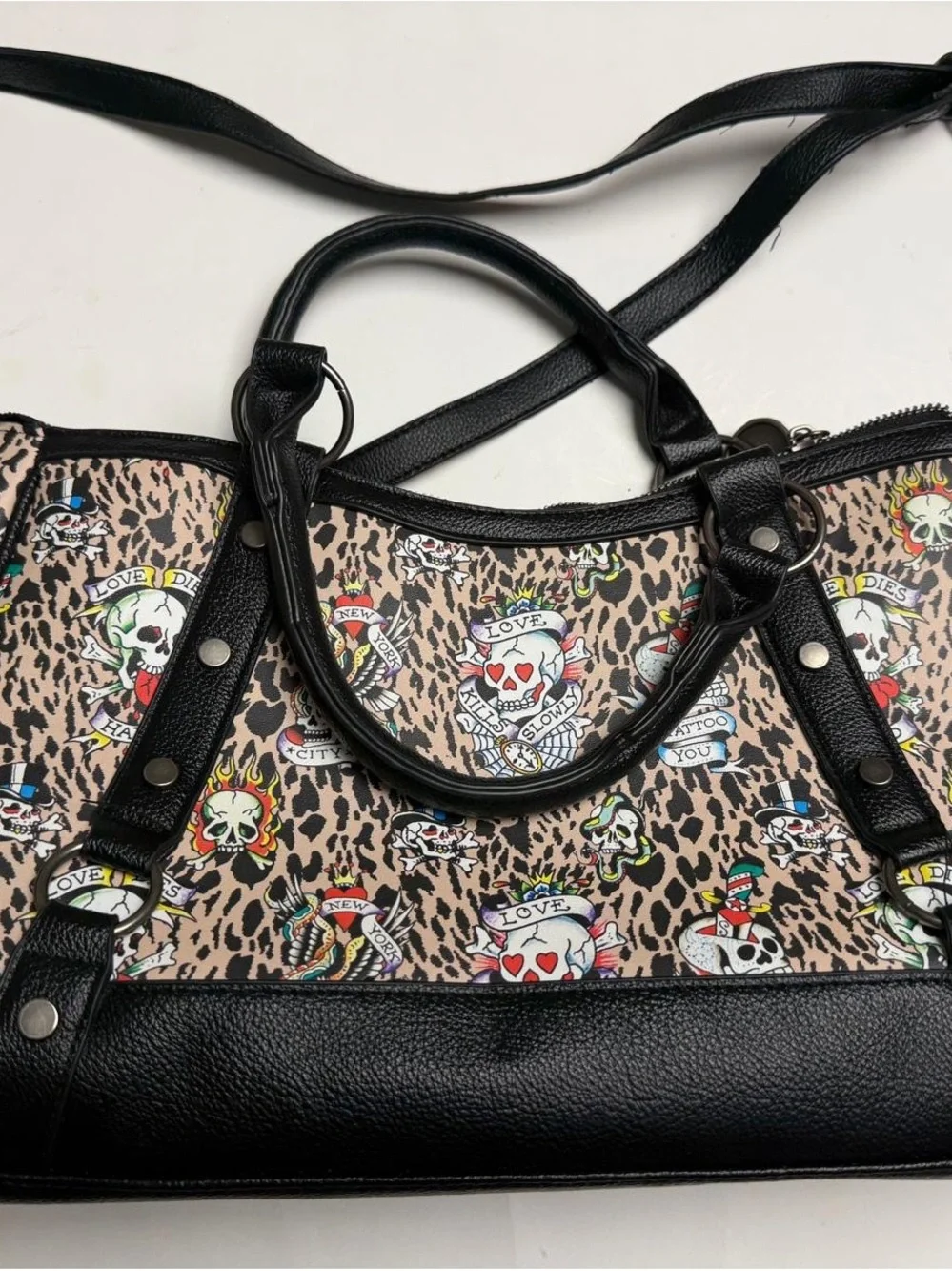 Ed Hardy Black & Leopard Skull-Print Shoulder Bag